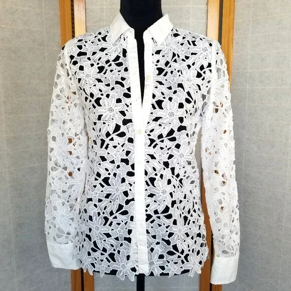 Banana Republic White Lace Top Size XS Long Sleeve Button Down Battenburg Floral - Picture 1 of 11
